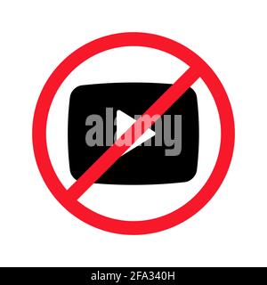 Video shooting is prohibited vector flat illustration isolated on white background. Play sign icon in crossed out red circle. Warning, stop shooting, video recording symbol concept. Stock Vector