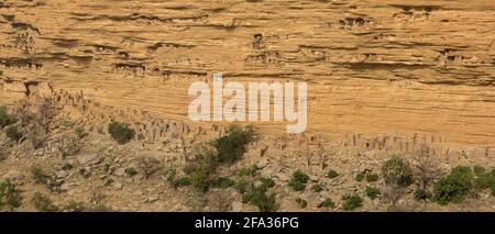 Cliff dwellings along the base of the Bandiagara escarpments, Mali Stock Photo