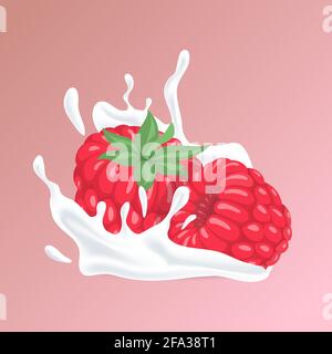 Juicy raspberry and splash of white liquid cartoon illustration isolated on pink background. Natural organic cosmetics based on fresh berries, yogurt or berry and milk cocktail vector concept. Stock Vector