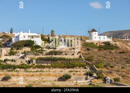 View of the iconic, traditional windmills in Parikia, Paros Island, Greece. Stock Photo