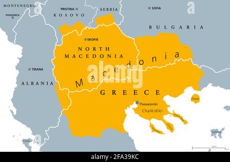 Geographical region of Macedonia, political map. Region of the Balkan Peninsula in Southeast Europe. Stock Photo