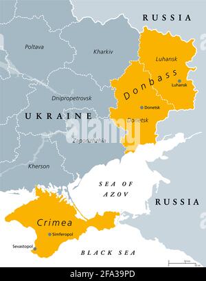 Donbass and Crimea, political map. Crimea peninsula on the coast of Black Sea, and Donbass region, formed by Donetsk and Luhansk region. Disputed area. Stock Photo