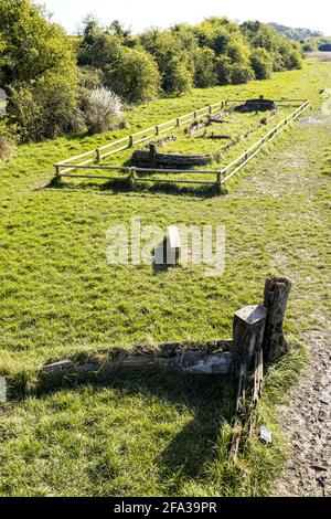 Remains of the wooden lighter Dursley (foreground) & the Kennet barge Harriett, 2 of many such vessels deliberately beached at Purton, Gloucestershire Stock Photo