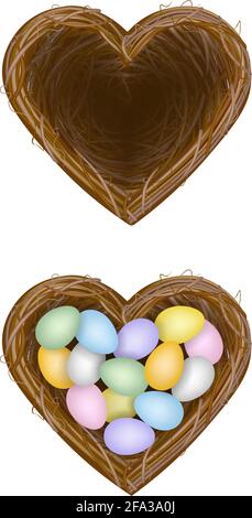 Isolated heart shaped nest empty nest and nest with colorful eggs Stock Vector