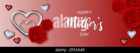 happy mother's day banner with hearts and roses Stock Vector
