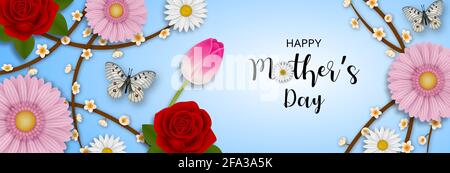 happy mother's day banner with flowers and butterflies Stock Vector