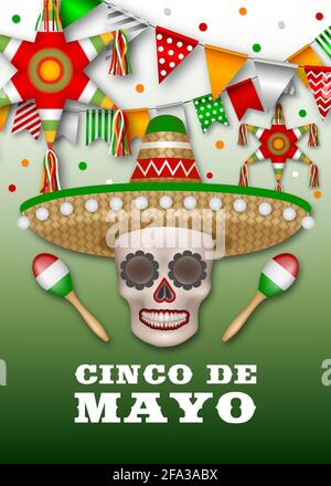 cinco de mayo poster with pinatas pennants and skull with sombrero and maracas Stock Vector