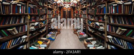 Book background. Selective focus. Bookshelves in the old library. Large bookcase with lots of books. Reading books. Shop with bookcases. The door to the library, the path to knowledge concept. Stock Photo