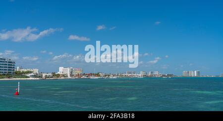 Ultramar ferry leaving to Isla Mujeres, view from the boots deck to Hotel Zone Cancun, Mexico Stock Photo