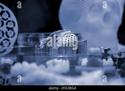 Object with supports created on a laser sintering machine on the work disk. Stock Photo