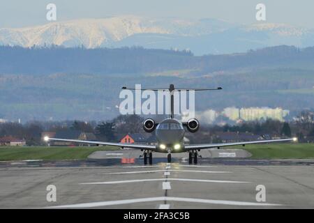 Mnichovo Hradiste, Czech Republic. 22nd Apr, 2021. Business airplane Pilatus PC-24 landing off on the Airport Mnichovo Hradiste in the Bohemian Paradise (70 kilometers north from Prague) during the COVID-19 pandemic in the Czech Republic. Credit: Slavek Ruta/ZUMA Wire/Alamy Live News Stock Photo