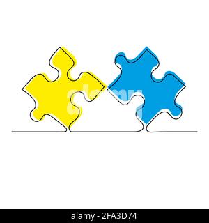 Continuous one line drawing pieces jigsaw puzzle with colors on white background. Business metaphor design. Vector hand drawn illustration. Stock Vector