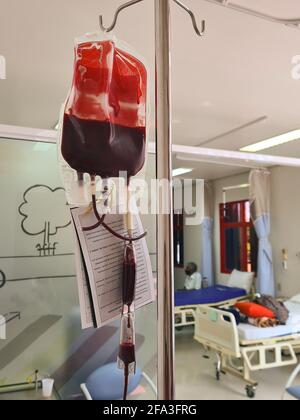 Franca, Brazil. 22nd Apr, 2021. Detail of a blood bag at blood center in Franca, Sao Paulo, Brazil, on April 22, 2021, during the covid-19 pandemic. According to data from the Brazilian Ministry of Health, in the year 2020, fear of the disease caused by the coronavirus may have caused a decrease in the order of 15% to 20% in the total of blood donations in comparison in 2019. (Photo by Igor do Vale/Sipa USA) Credit: Sipa USA/Alamy Live News Stock Photo