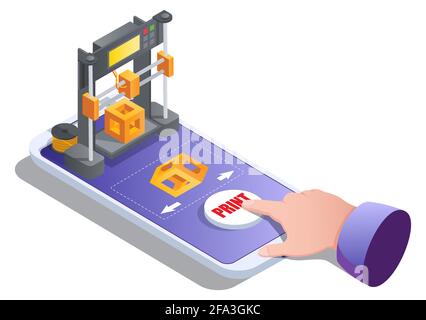Isometric 3d printer building cube on mobile screen. 3D printing service for on demand manufacturing vector illustration Stock Vector
