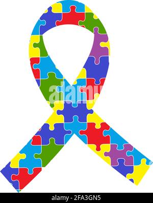 Autism awareness ribbon with colorful jigsaw puzzle. Vector flat illustration. Stock Vector