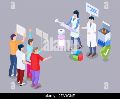 Anti-vaccine protest concept vector illustration in 3d isometric style. Anti vax movement. People protesting against mandatory vaccination and doctors Stock Vector