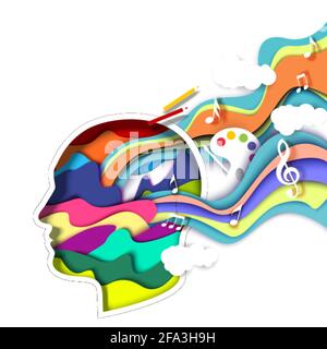 Paper cut man head with abstract vibrant shapes, vector illustration. Creative mind, art, thinking. Creative artist logo Stock Vector
