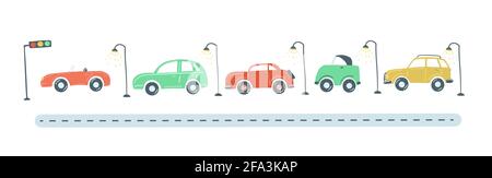 traffic jam from colored cars flat simple cartoon style hand drawing. vector illustration Stock Vector