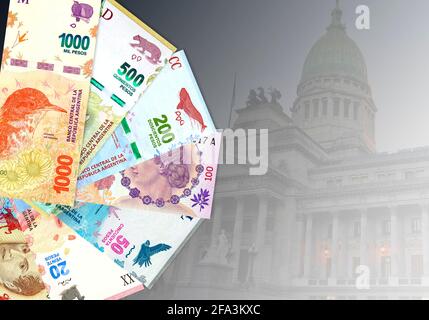 Money / Cash: Argentine pesos and Congress of the Argentine Nation. Stock Photo