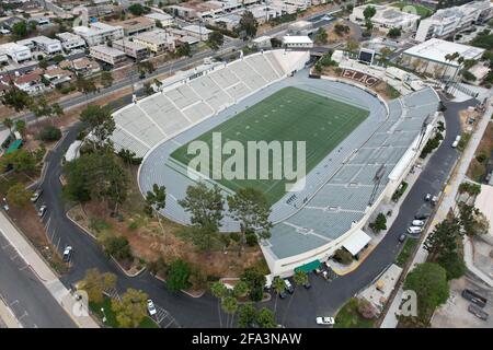 An aerial view of Weingart Stadium (formerly ELAC Stadium) on the campus of East Los Angeles College, Thursday, April 22, 2021, in Monterey Park, Cali Stock Photo