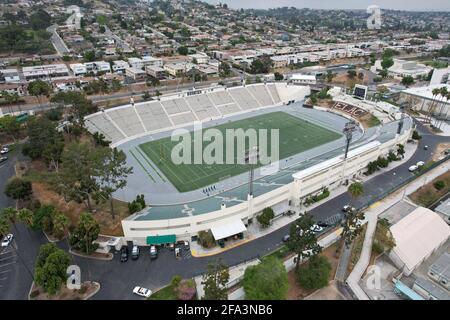 An aerial view of Weingart Stadium (formerly ELAC Stadium) on the campus of East Los Angeles College, Thursday, April 22, 2021, in Monterey Park, Cali Stock Photo