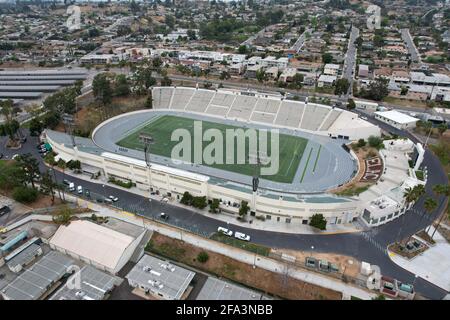 An aerial view of Weingart Stadium (formerly ELAC Stadium) on the campus of East Los Angeles College, Thursday, April 22, 2021, in Monterey Park, Cali Stock Photo