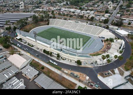 An aerial view of Weingart Stadium (formerly ELAC Stadium) on the campus of East Los Angeles College, Thursday, April 22, 2021, in Monterey Park, Cali Stock Photo