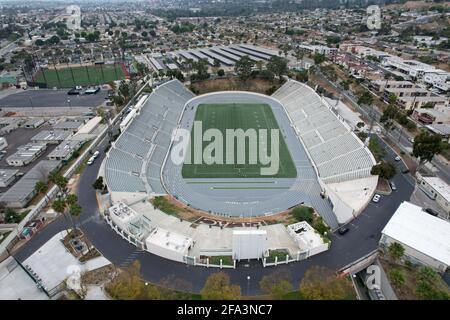 An aerial view of Weingart Stadium (formerly ELAC Stadium) on the campus of East Los Angeles College, Thursday, April 22, 2021, in Monterey Park, Cali Stock Photo