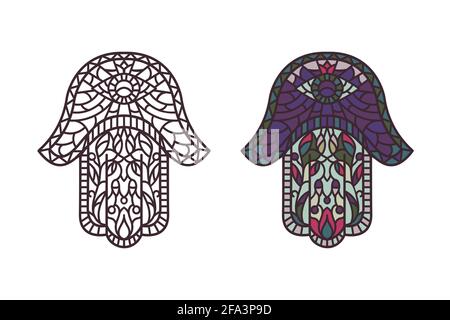 A traditional Oriental or Indian sacred amulet of a religious symbol-Hamsa, the hand of David, with a stained-glass or mosaic ornament. A set for cutt Stock Vector
