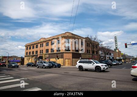 Minneapolis, Minnesota.   Buildings are boarded up in the Uptown area during the Derek Chauvin trial in case of rioting. Stock Photo