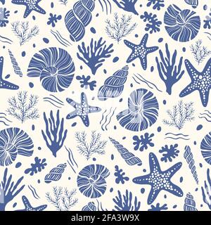 Hand-Drawn Sea Shells, Fossils, Starfish, Corals, Seaweeds, Waves Abstract Vector Seamless Pattern Stock Vector
