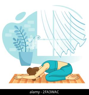 Young woman practicing yoga at home and meditating. Simple exercise at home. Physical and spiritual practice. Iillustration in flat cartoon style. Stock Vector