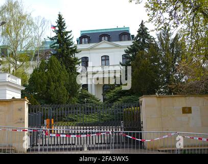 Prague. 22nd Apr, 2021. Photo taken on April 22, 2021 shows the Russian embassy in Prague, the Czech Republic. The Czech Republic will reduce and put a cap on the number of employees in the Russian embassy in Prague to the same number at the Czech embassy in Moscow, the Czech Foreign Ministry said on Thursday. Credit: Dana Kesnerova/Xinhua/Alamy Live News Stock Photo