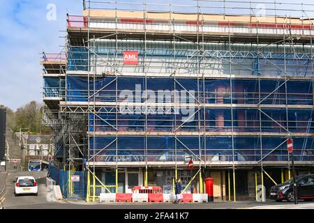 Pontypridd, Wales - April 2021: Scaffolding around an old building in Pontypridd town centre which is being renovated. Stock Photo