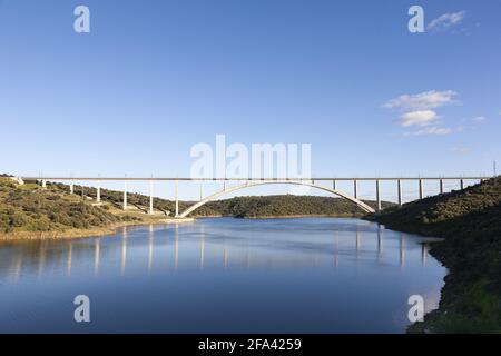 Viaduct or bridge of the AVE high-speed train over the Almonte river in Caceres, Extremadura Stock Photo