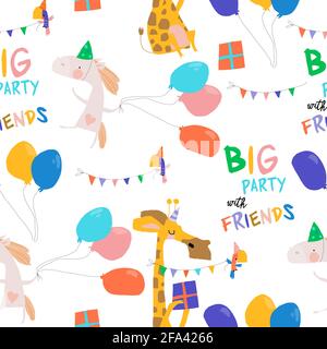 Seamless pattern with cute Animals celebrating Holiday Stock Vector