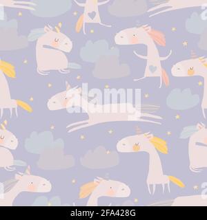 Seamless Pattern with cute Unicorns, Clouds and Stars. Magic Background with little Unicorns Stock Vector