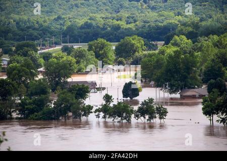 Sand Springs USA 5-25-2019 View from 412 Highway to the West of Tulsa Oklahoma as Arkansas river rises and innodates residential area with houses floo Stock Photo