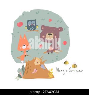 Cartoon Funny Animals sitting on Tree. Hello Summer Stock Vector
