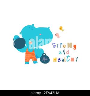 Cartoon Strong Hippo holding kettlebell on white Background Stock Vector