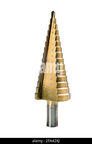 Conical drill bit for holes of various diameters. Accessories for work in a home workshop. Isolated background. Stock Photo