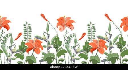 Vector seamless floral border, pattern. Orange color lilies, daylilies, green wormwood, quinoa. Stock Vector
