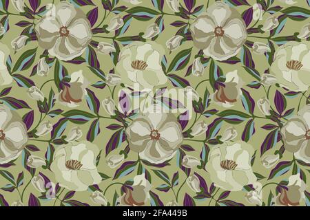 Floral vector seamless pattern. Green, beige, purple, blue, olive color flowers, buds, leaves Stock Vector