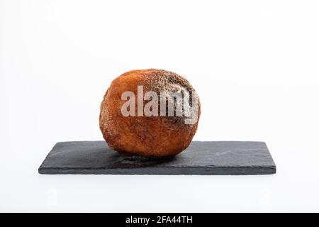 One rotting and moldy orange fruit with black and white spots isolated on white Stock Photo