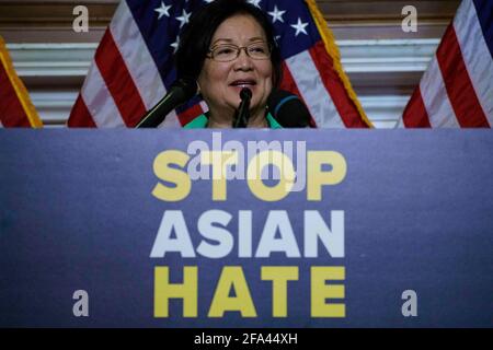 Washington, USA. 22nd Apr, 2021. Hawaii's Democratic senator Mazie Hirono speaks at a press conference on Capitol Hill in Washington, DC, the United States, April 22, 2021. The U.S. Senate on Thursday voted overwhelmingly to pass a bill combating surging hate crimes against Asian Americans during the COVID-19 pandemic. Credit: Ting Shen/Xinhua/Alamy Live News Stock Photo