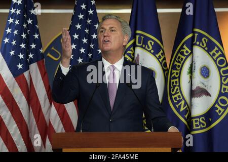 Washington, Distric of Columbia, USA. 22nd Apr, 2021. House Minority Leader KEVIN MCCARTHY(R-CA) speaks during his weekly press conference, today on February 25, 2021 at House Triangle in Washington DC, USA. Credit: Lenin Nolly/ZUMA Wire/Alamy Live News Stock Photo