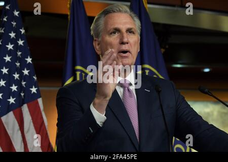 Washington, Distric of Columbia, USA. 22nd Apr, 2021. House Minority Leader KEVIN MCCARTHY(R-CA) speaks during his weekly press conference, today on February 25, 2021 at House Triangle in Washington DC, USA. Credit: Lenin Nolly/ZUMA Wire/Alamy Live News Stock Photo