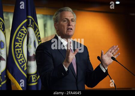 Washington, Distric of Columbia, USA. 22nd Apr, 2021. House Minority Leader KEVIN MCCARTHY(R-CA) speaks during his weekly press conference, today on February 25, 2021 at House Triangle in Washington DC, USA. Credit: Lenin Nolly/ZUMA Wire/Alamy Live News Stock Photo