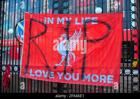 Banners attached to the fence and gates of Liverpool Football Club by fans protesting about the clubs intention to join a European Super League. Stock Photo