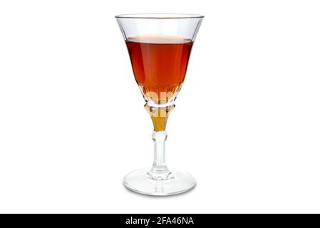 Marsala wine in goblet glass with gold decoration. Isolated on white, copy space Stock Photo
